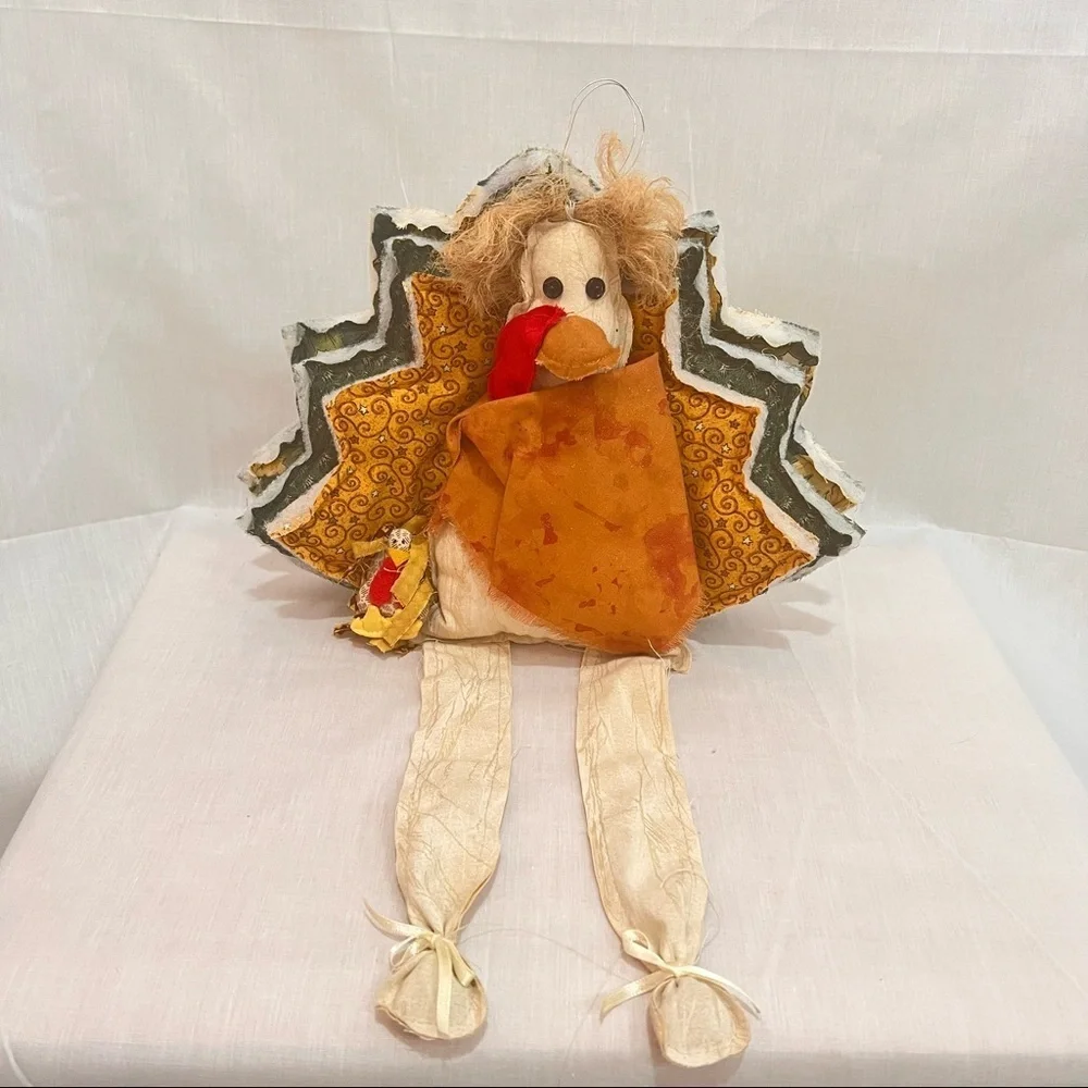 Turkey Shelf Sitter Wall Hang Plush Dolls Fabric THANKSGIVING Decor Pilgrim VTG